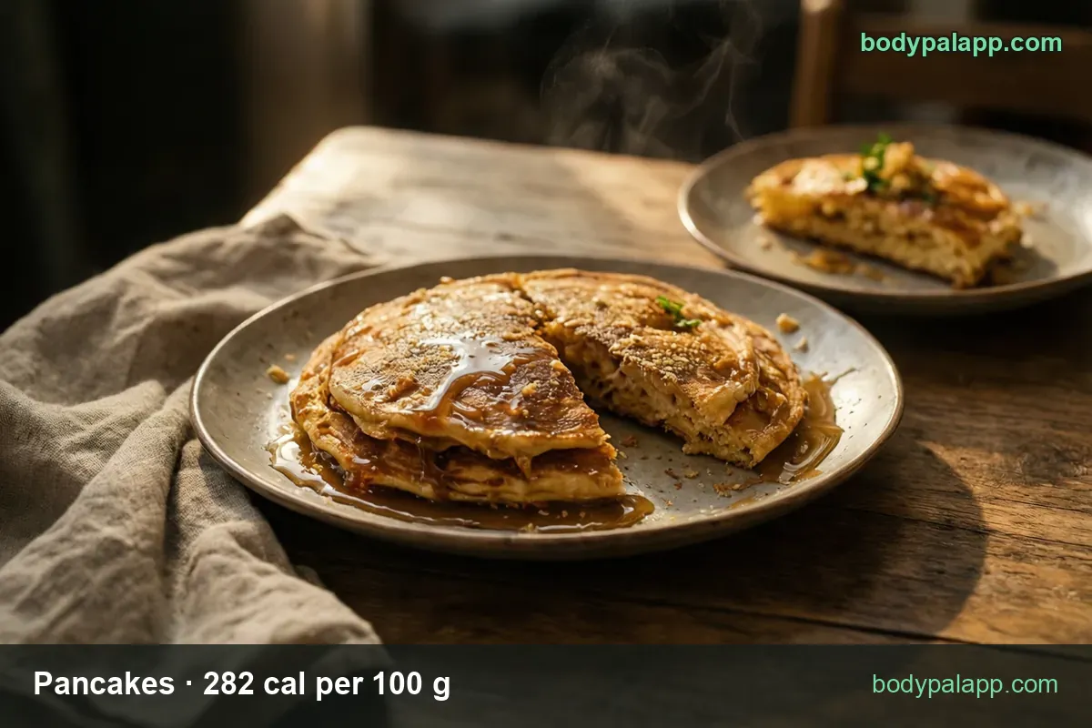 Pancake cut into three pieces with syrup and steam, chips reading 1 medium pancake 50 g 141 cal and 1 large 90 g 254 cal