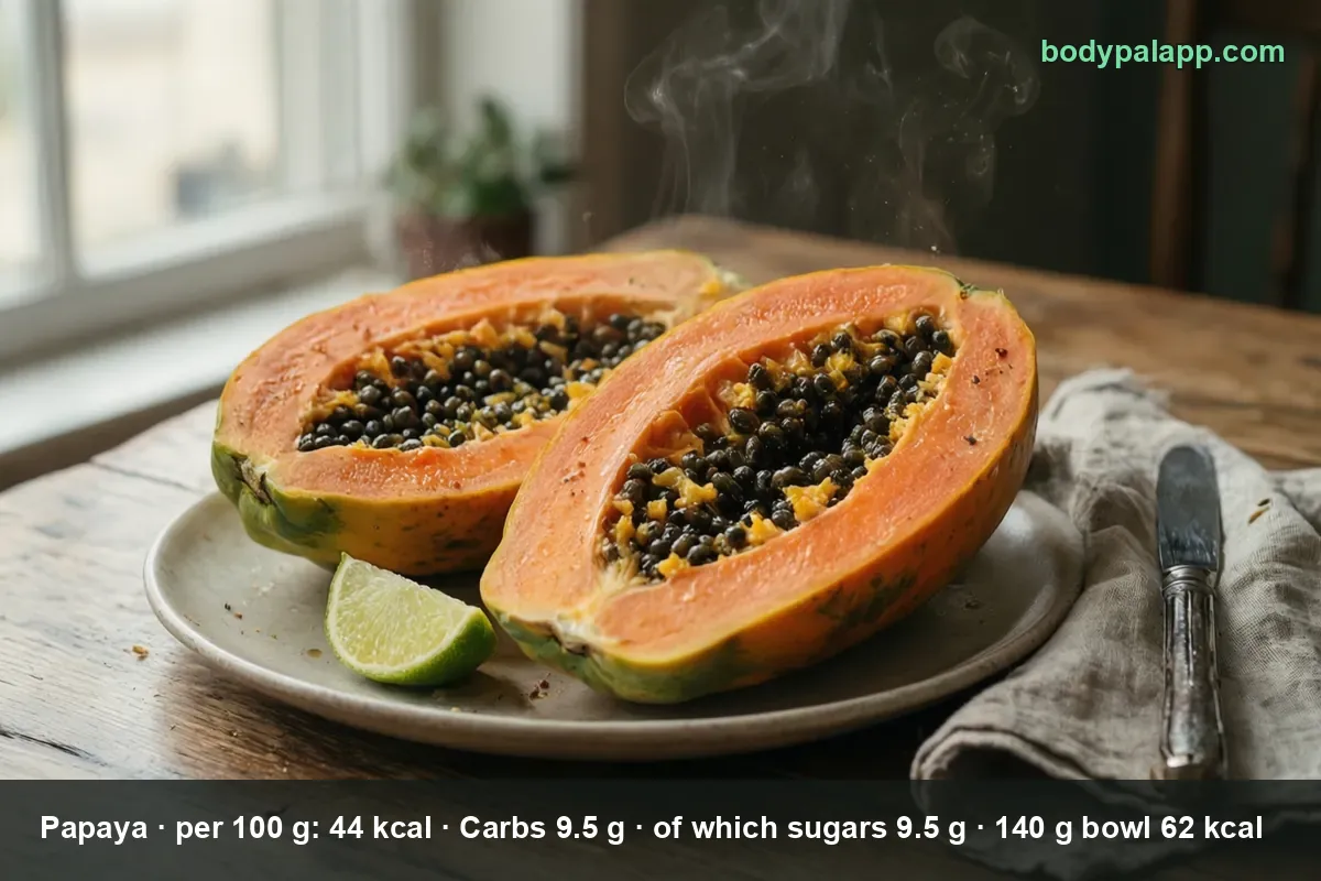 Papaya halved on a board - 44 calories per 100 g