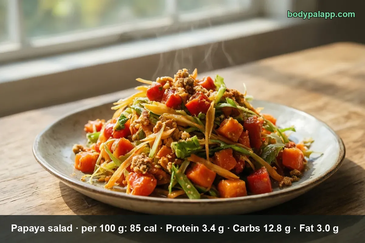 Close-up of one serving of shredded green papaya salad with tomatoes, green beans and crushed peanuts in a shallow plate.