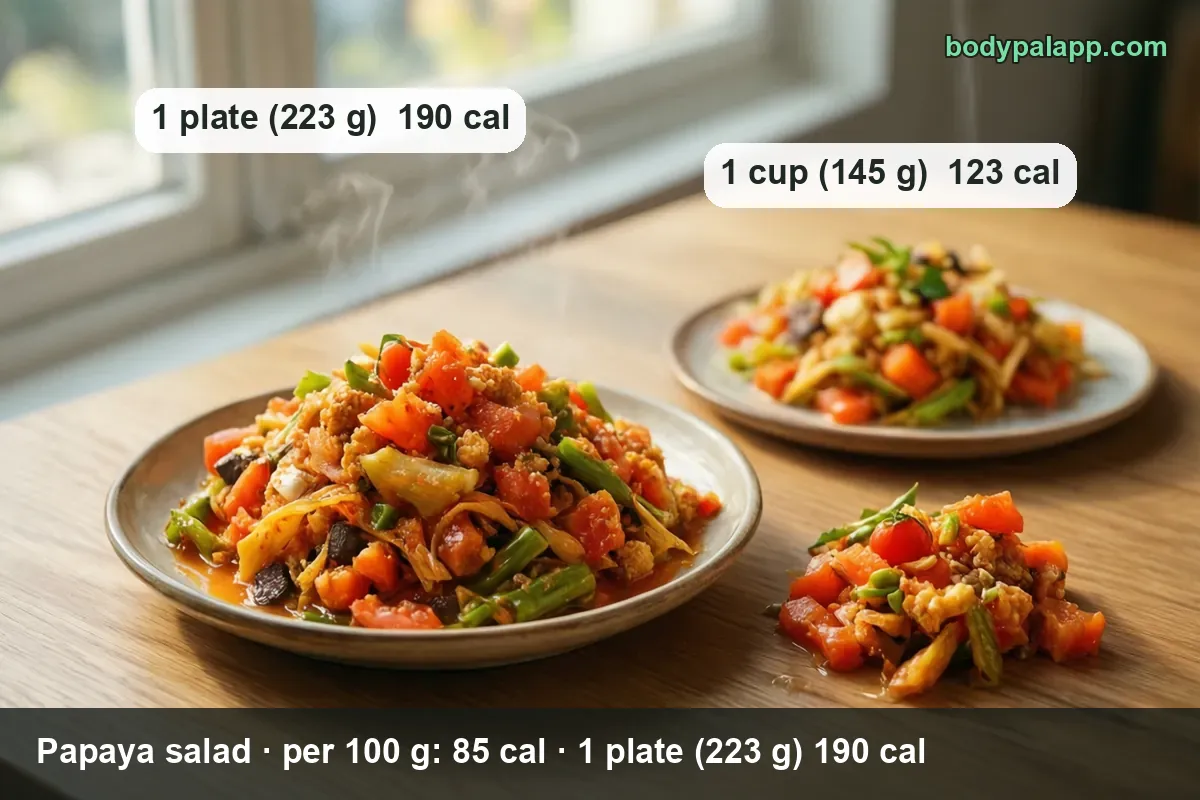 Two servings of shredded green papaya salad with tomatoes, green beans and peanuts; 1 plate (223 g) 190 cal and 1 cup (145 g) 123 cal.