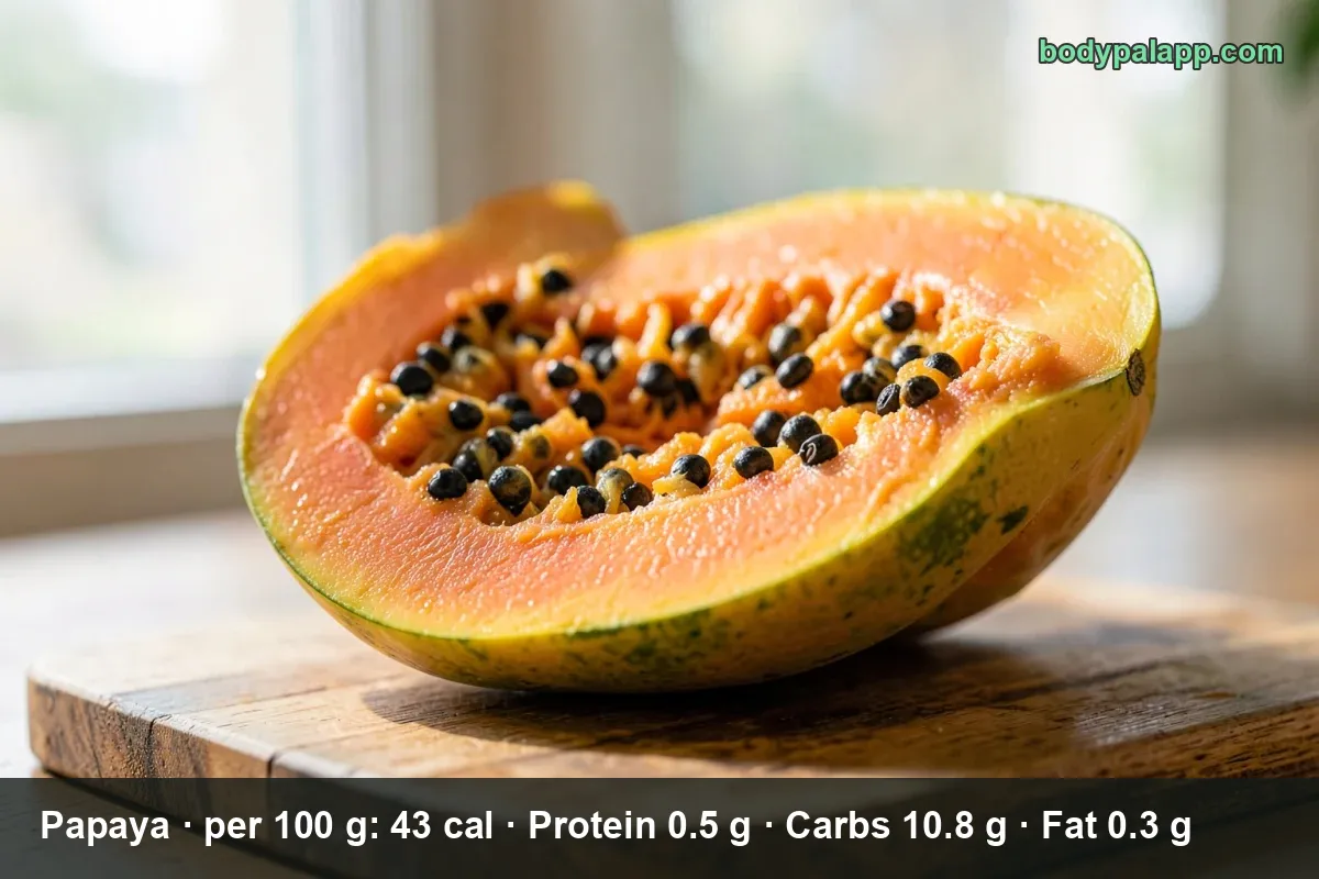 Whole papaya cut into two halves with seeds on a plate, with a lime wedge and a knife beside it