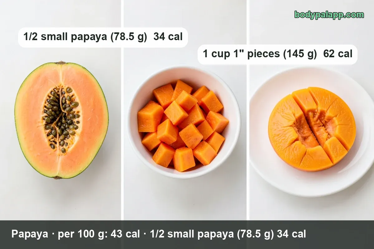 Three plates, each with a papaya half with seeds, a lime wedge and green leaves; half a small papaya 34 cal, 1 cup pieces 62 cal