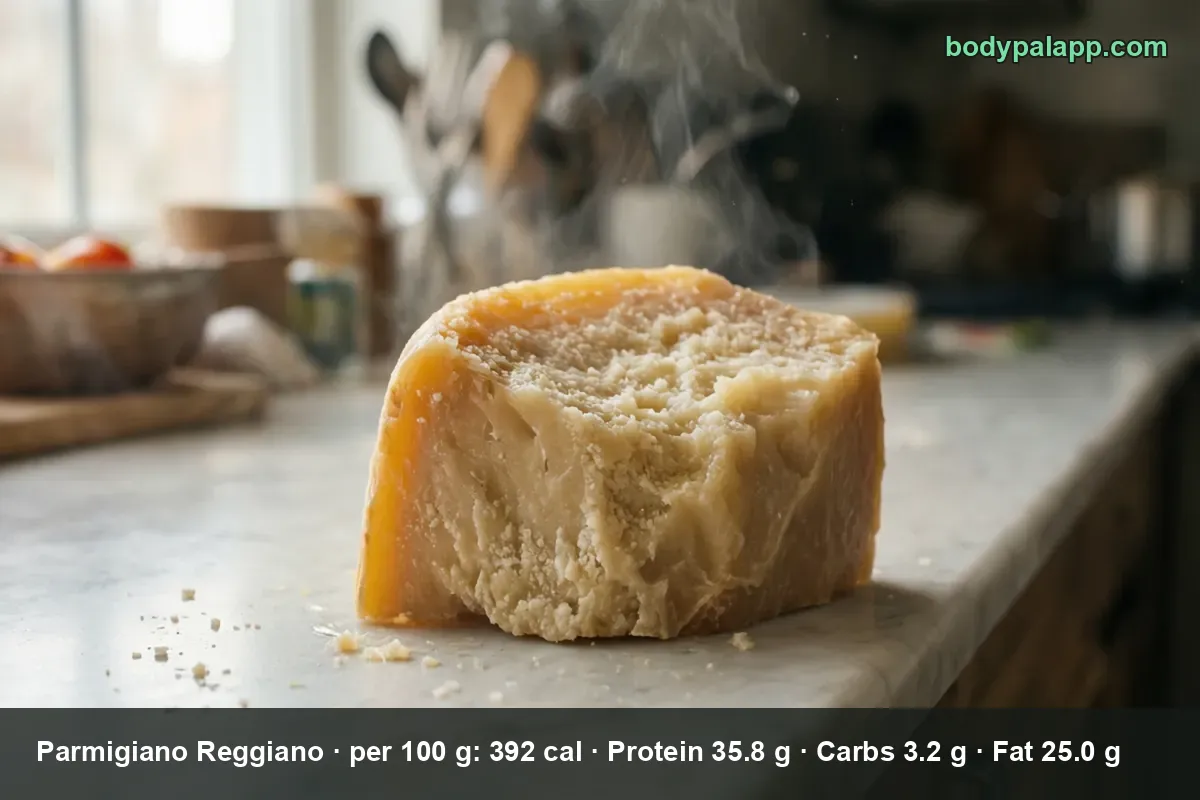 Large wedge of Parmigiano Reggiano with crumbly texture and yellow rind on a countertop, steam rising