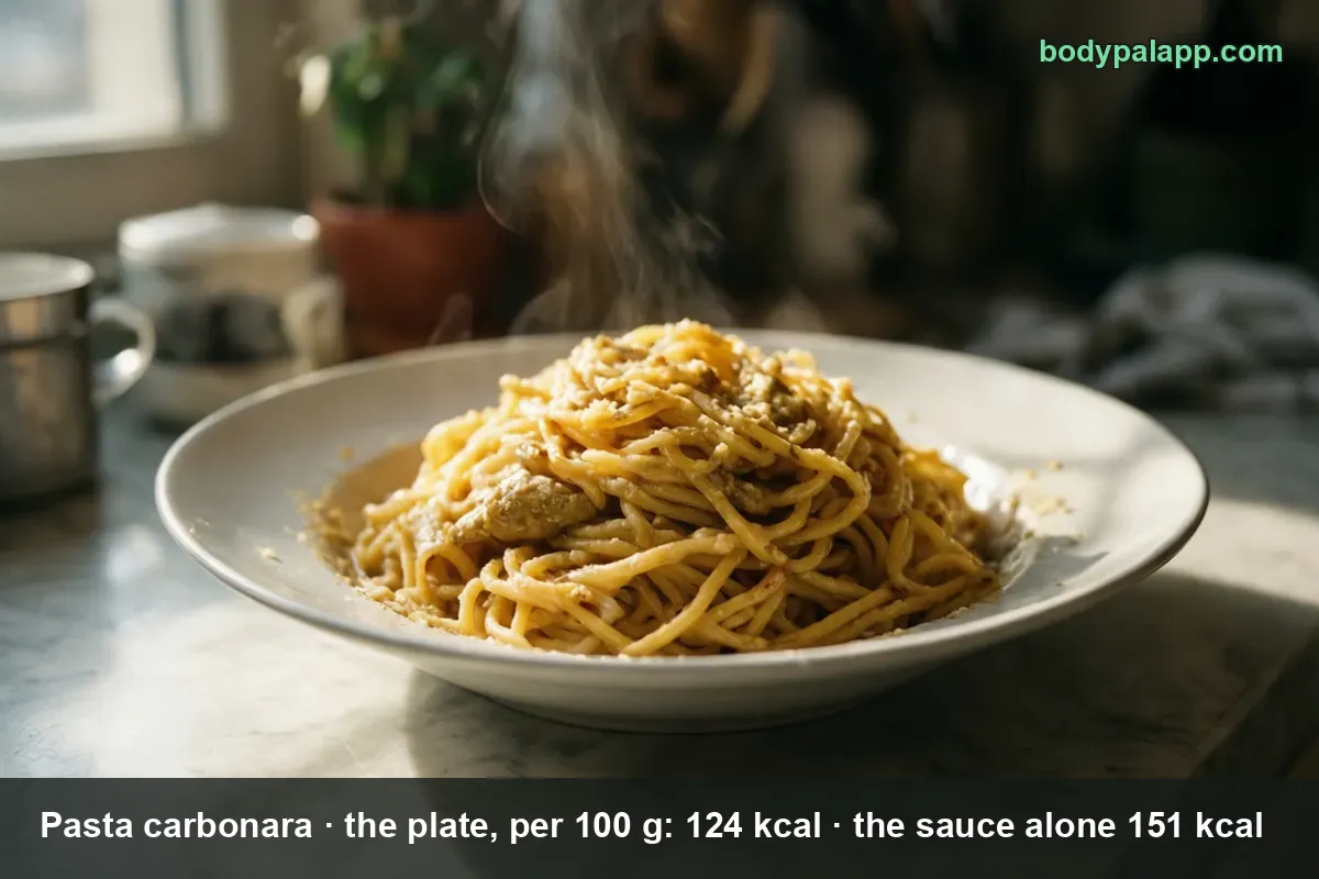 Plate of spaghetti carbonara with bacon and parmesan - 124 calories per 100 g