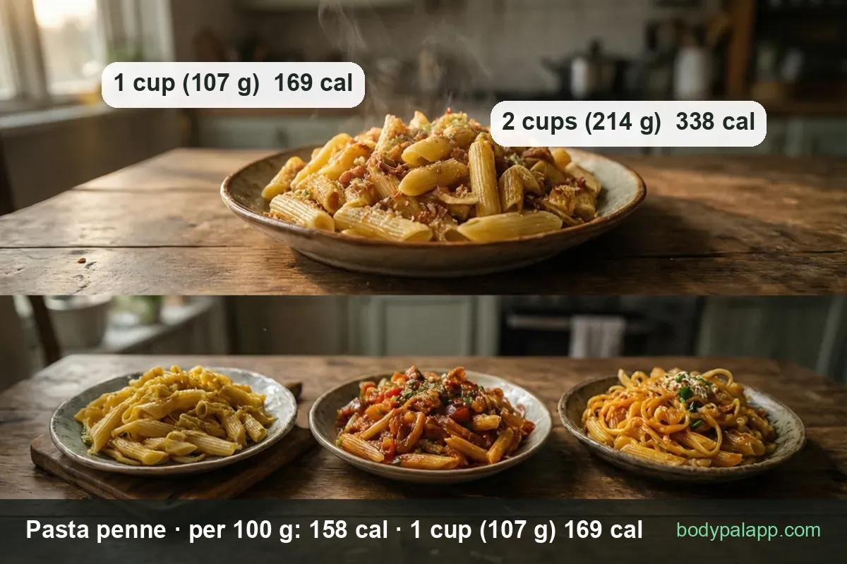 Penne collage: bowl of penne in sauce, plain penne, penne with tomato sauce; 1 cup (107 g) 169 cal, 2 cups (214 g) 338 cal