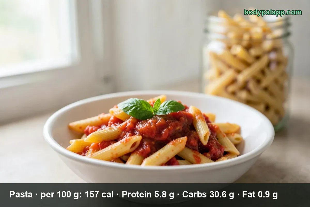 Bowl of penne pasta in tomato sauce with whole basil leaves, lightly steaming