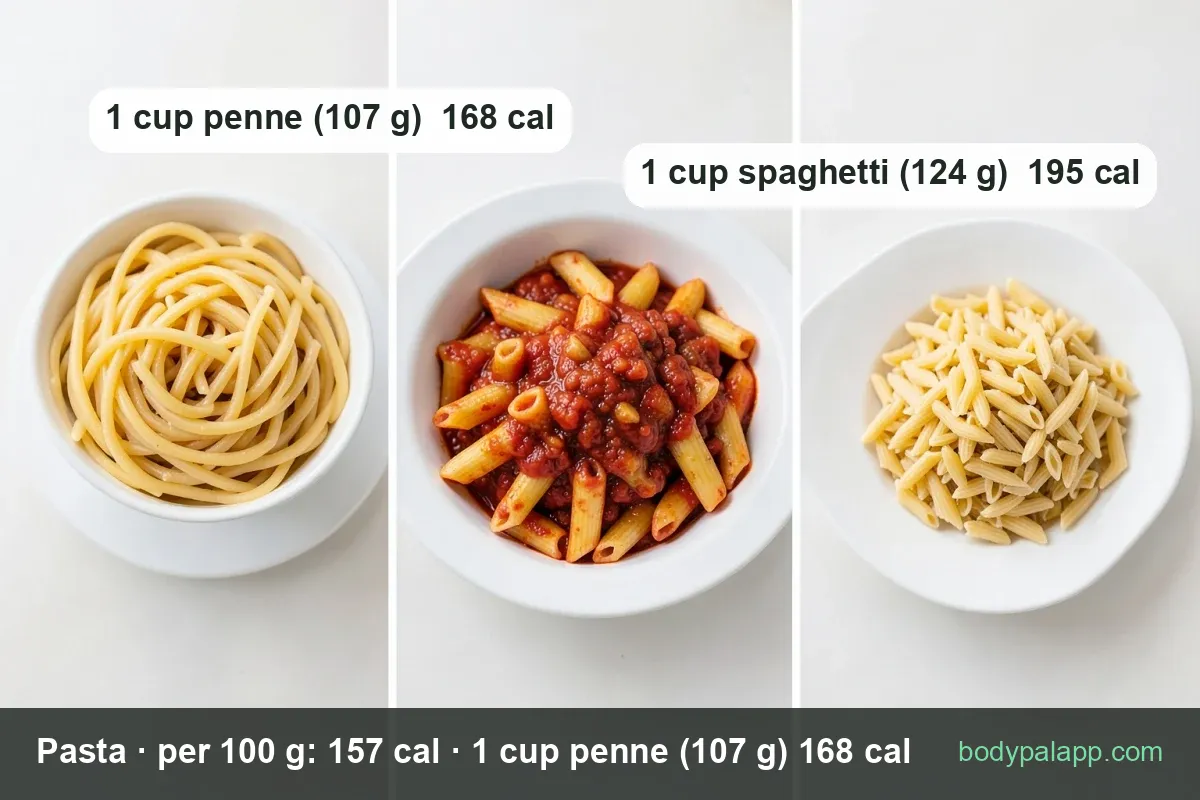 Three bowls of penne with sauce and basil, dry pasta behind; chips 1 cup penne (107 g) 168 cal and 1 cup spaghetti (124 g) 195 cal