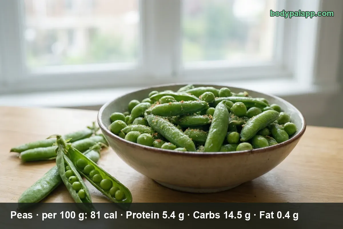 Bowl of fresh green peas with three split-open pea pods beside it