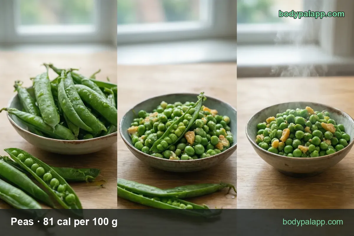Shelled raw green peas and cooked peas in bowls, labeled 1 cup 145 g 117 cal and 1/2 cup 73 g 59 cal