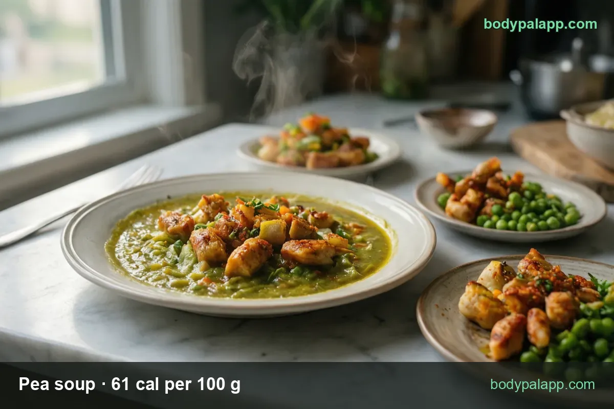 Deep plate of steaming thick green pea soup with chicken and vegetables; 1 cup (255 g) 156 cal, 1 container (440 g) 268 cal