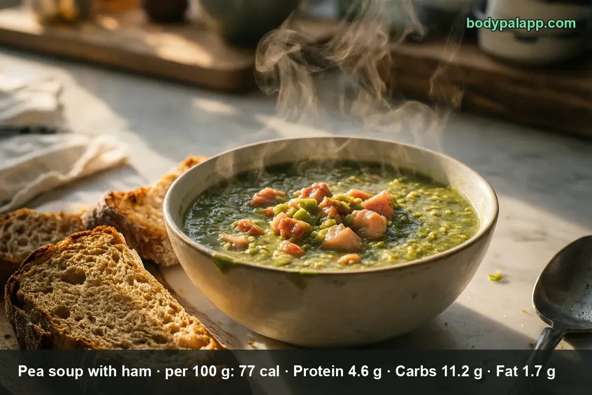 Bowl of thick green pea soup with ham, steam rising, with two slices of bread and a spoon beside it