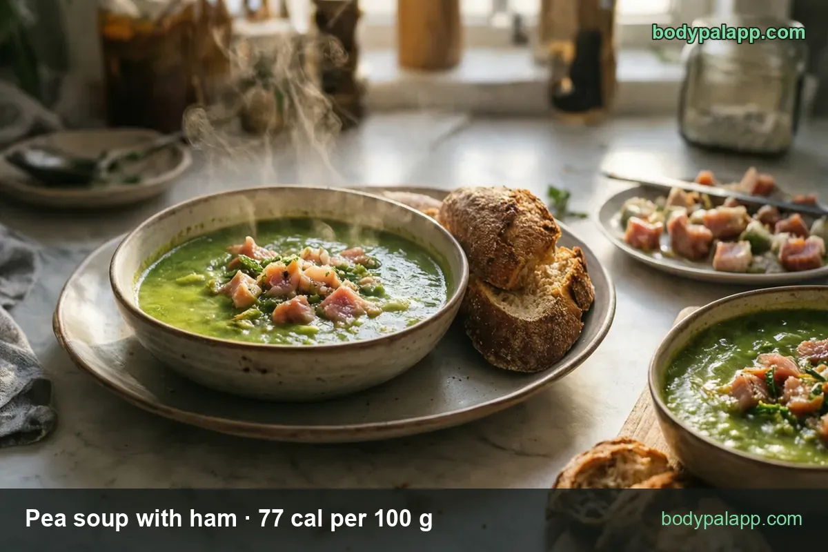 Two bowls of pea soup with ham with bread and sliced ham, labeled 1 cup (240 g) 185 cal and 1/2 cup (120 g) 92 cal