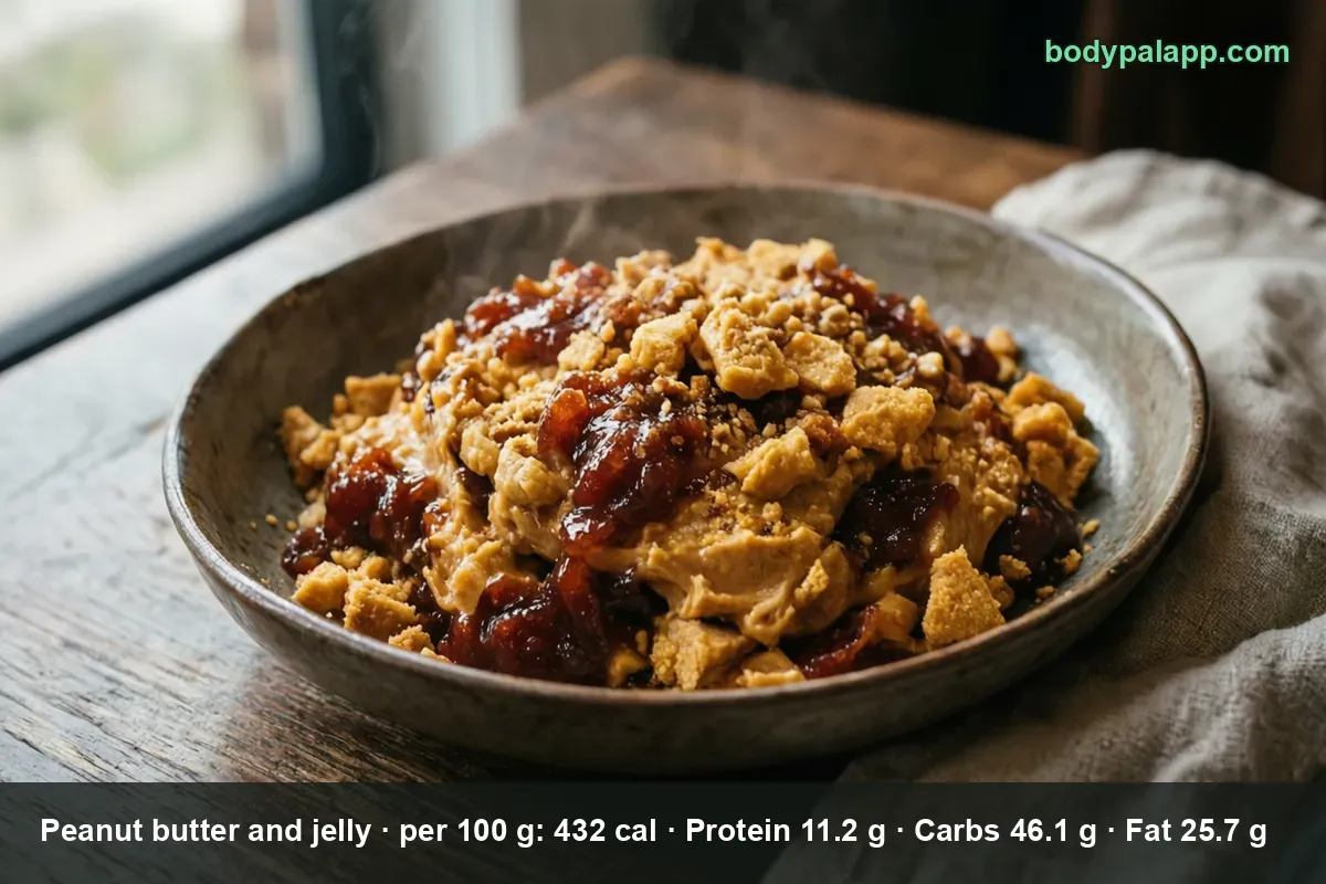 Bowl of peanut butter with red jelly, no bread, a 2 tbsp (32 g) 138 cal serving of peanut butter and jelly