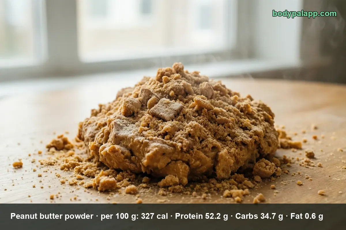 Mound of crumbly peanut butter powder with small lumps and loose powder scattered across a board.