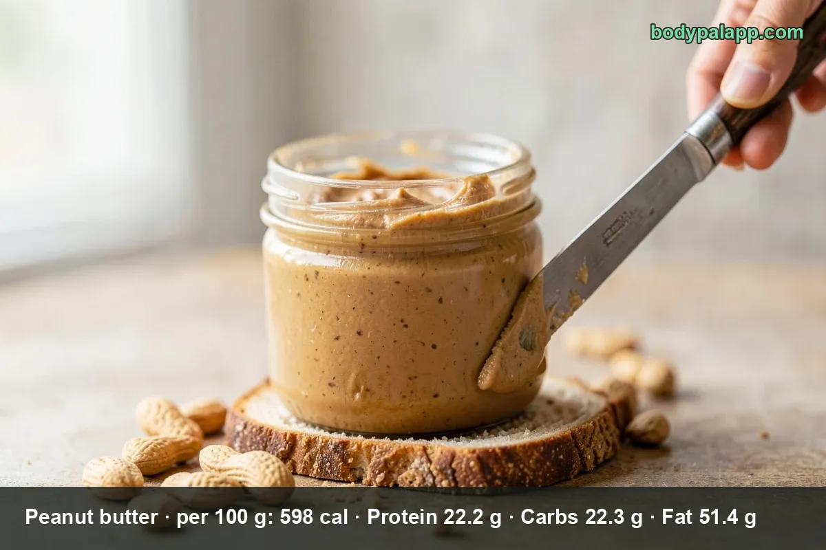 Close-up of an open glass jar of smooth peanut butter with a spoonful of thick spread, shell-on peanuts around it