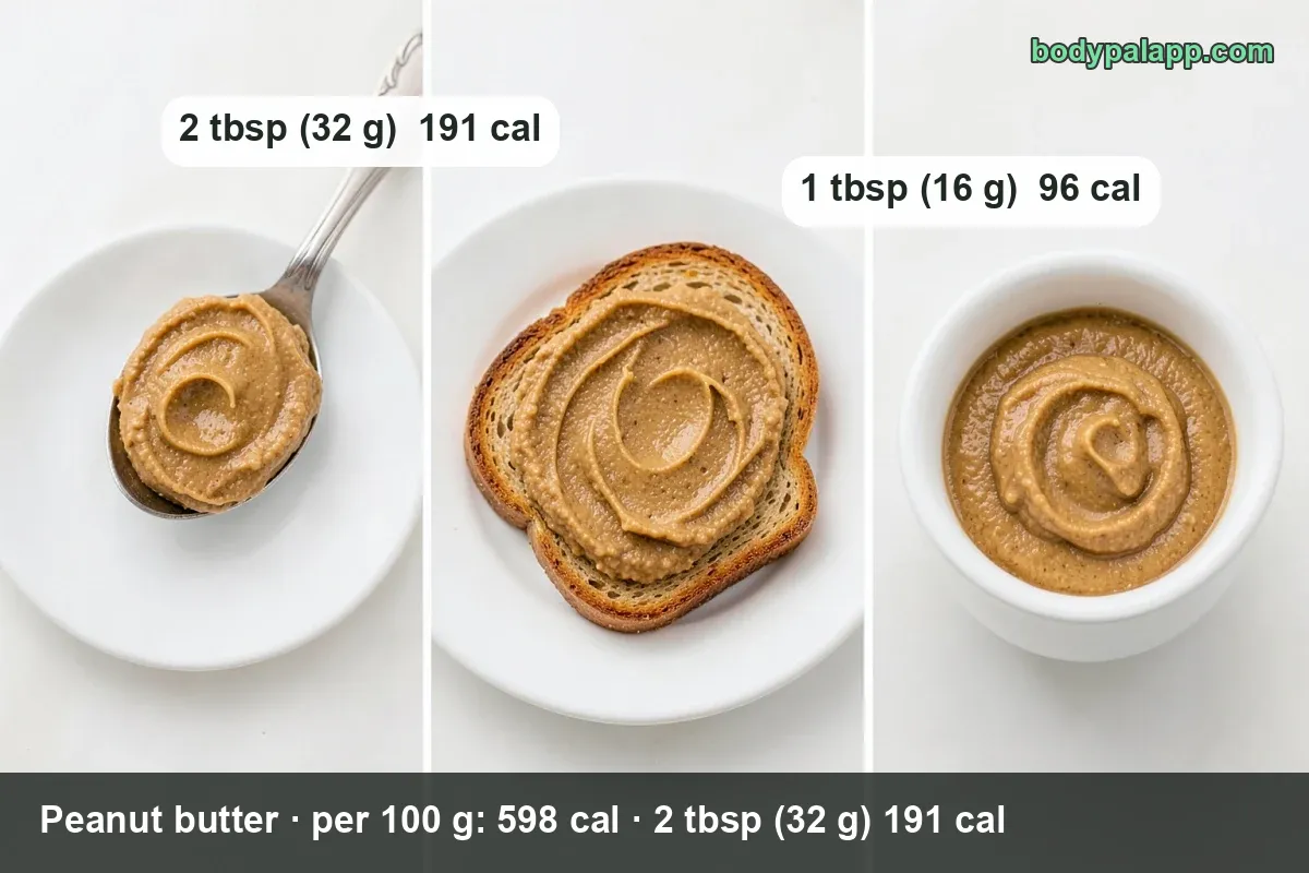 Open jar of peanut butter with a loaded spoon, labeled 2 tbsp (32 g) 191 cal and 1 tbsp (16 g) 96 cal