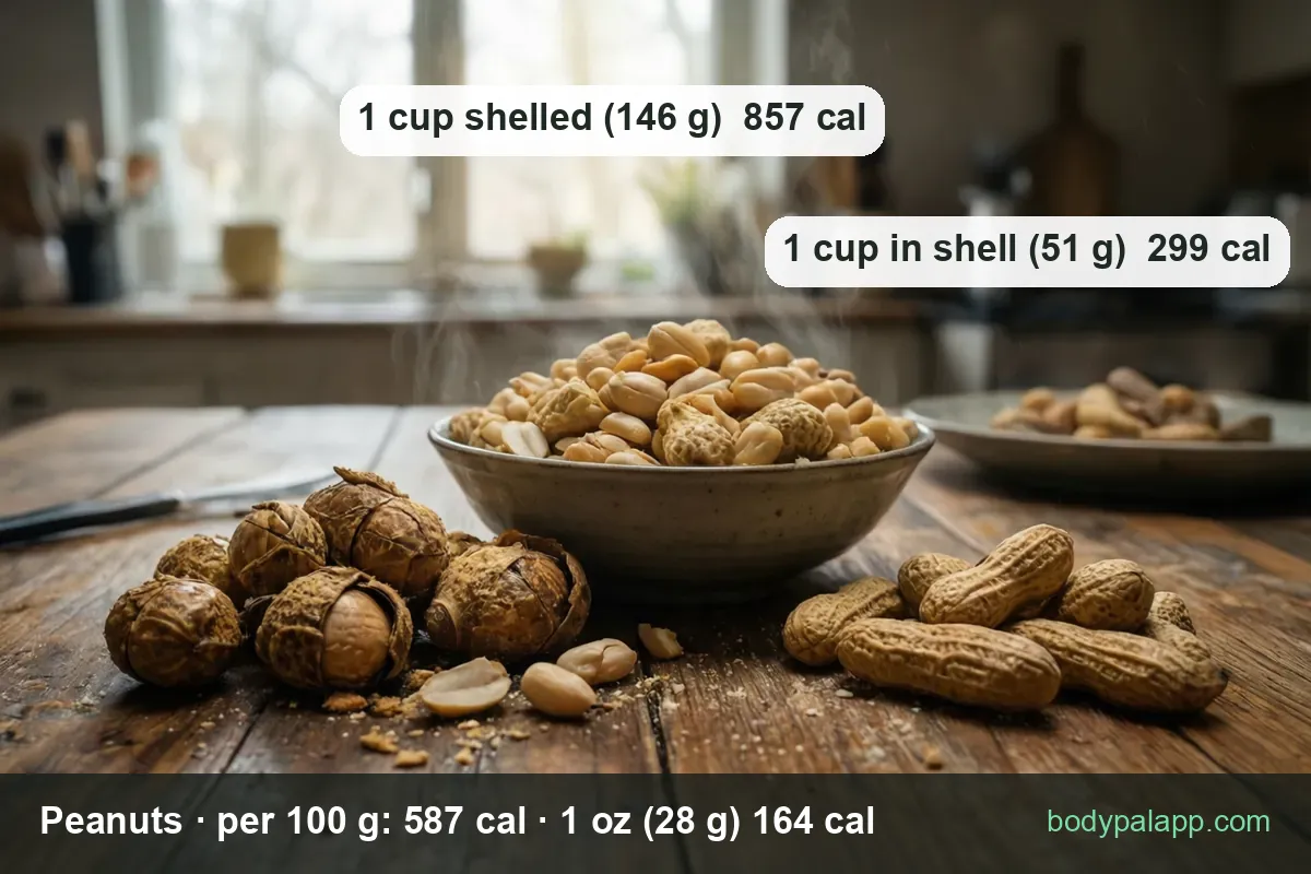 A small bowl of shelled peanuts, about 1 cup, with a few peanuts in the shell beside it and a plate of empty shells behind