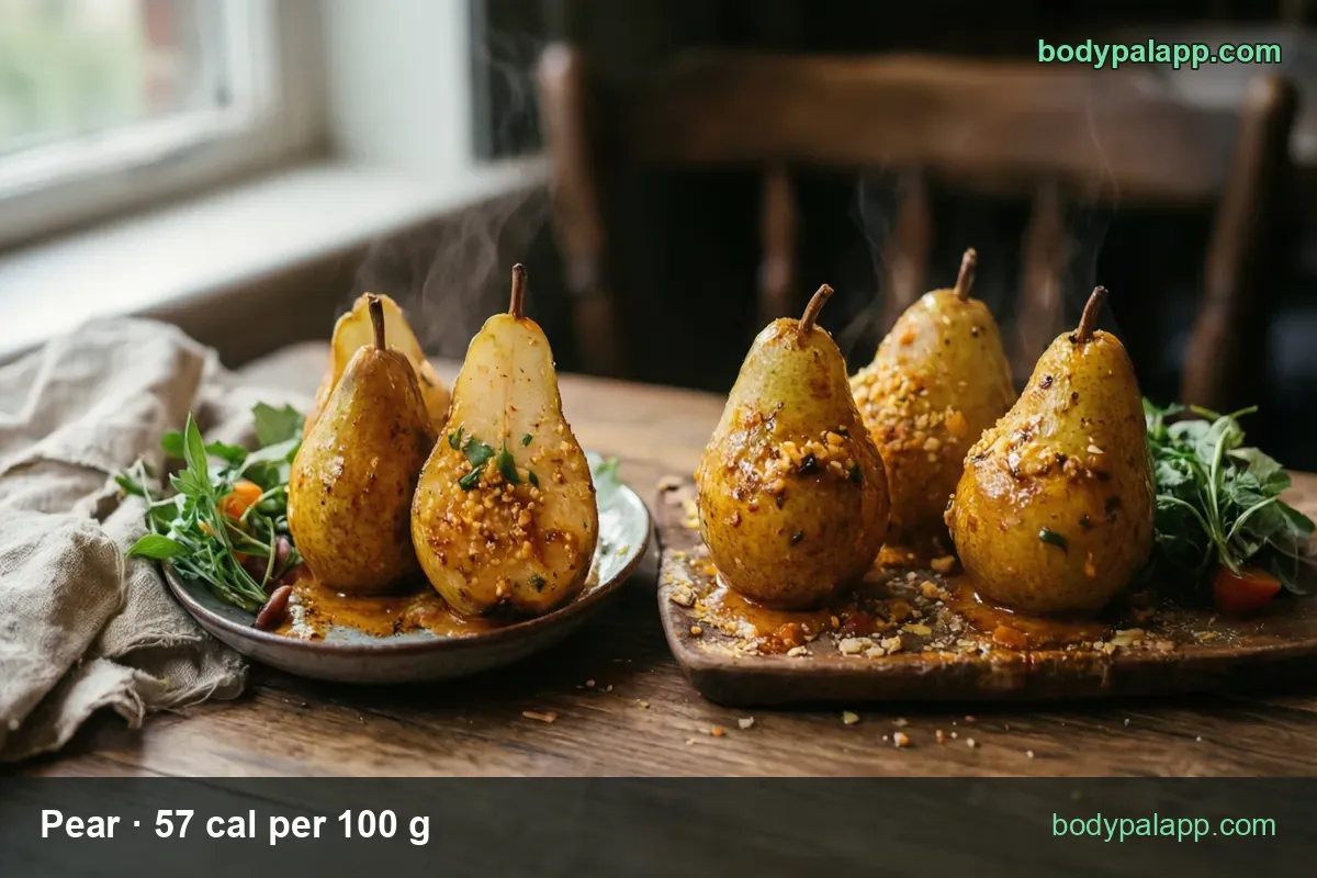 Baked glazed pear halves with chips for 1 medium pear (178 g) 101 cal and 1 cup of slices (140 g) 80 cal.