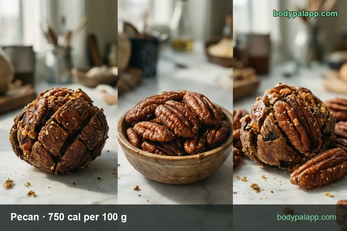 Bowl of pecan halves beside pressed pecan clusters, chips 1 oz (28.35 g) 213 cal and 1 cup halves (100 g) 750 cal.
