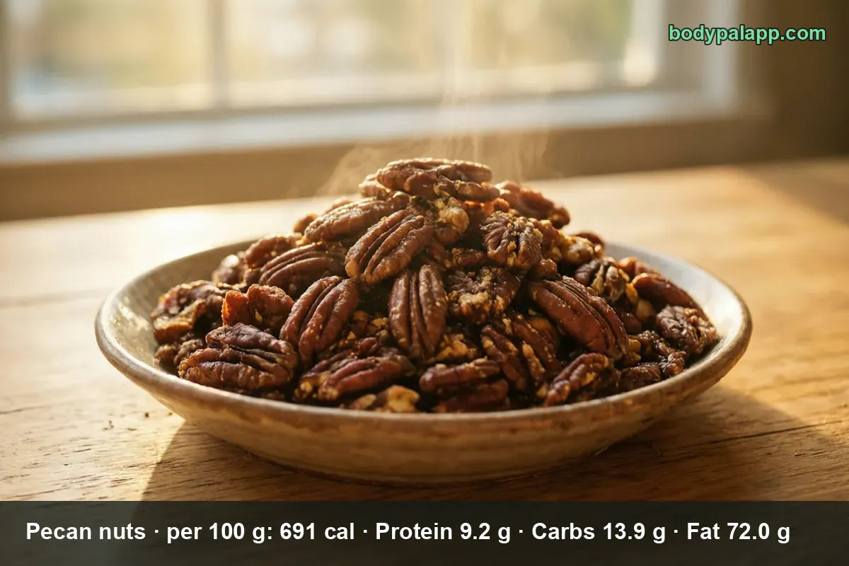Bowl of roasted glazed pecan halves on a wooden table