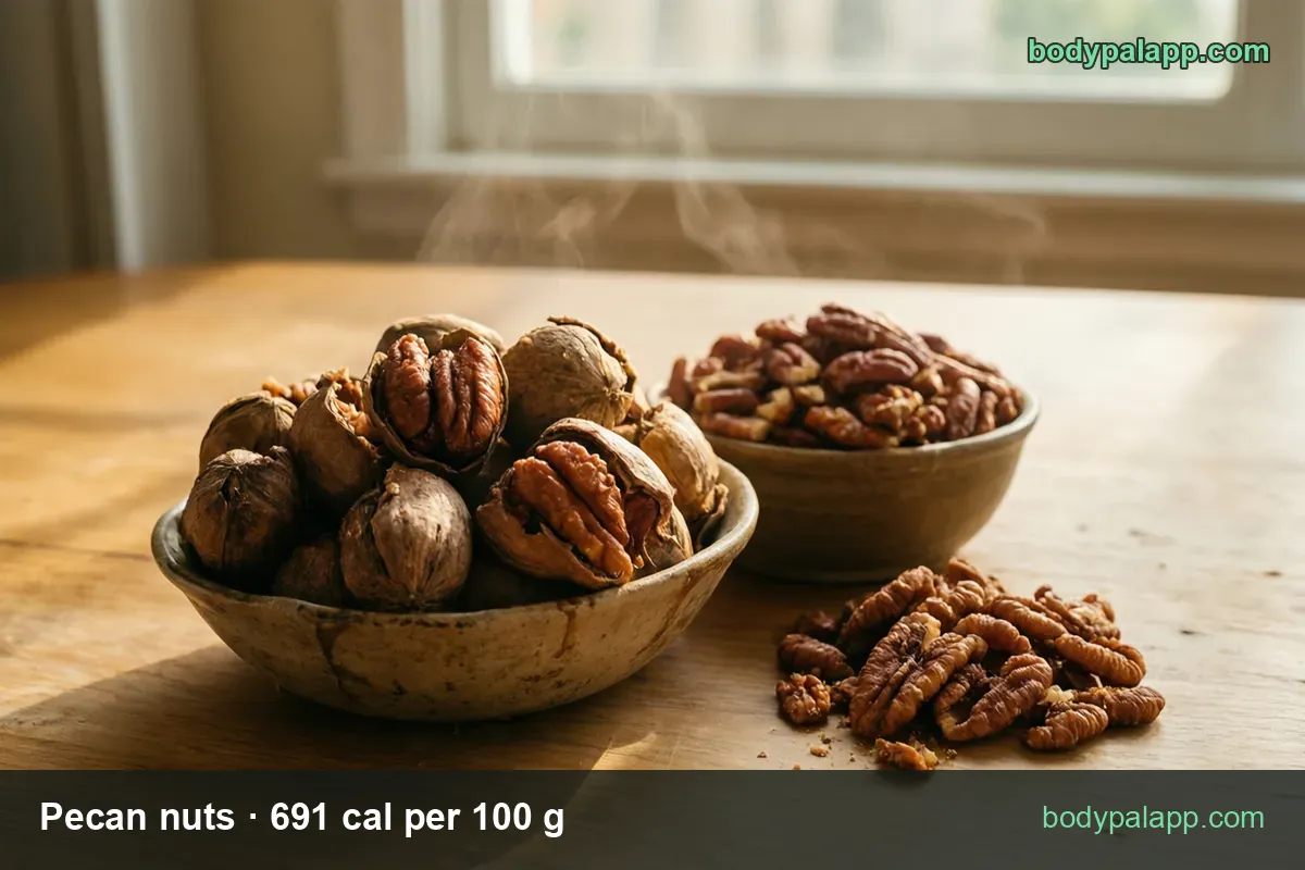 Bowl of in-shell pecans with cracked nuts and a bowl of shelled halves; chips show 1 cup halves 99 g 684 cal and 1 oz 28.35 g 196 cal