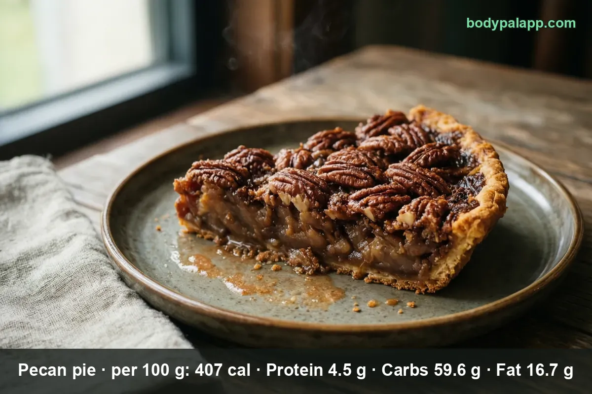 One slice of pecan pie on a plate, topped with a layer of whole pecan halves over the visible filling.