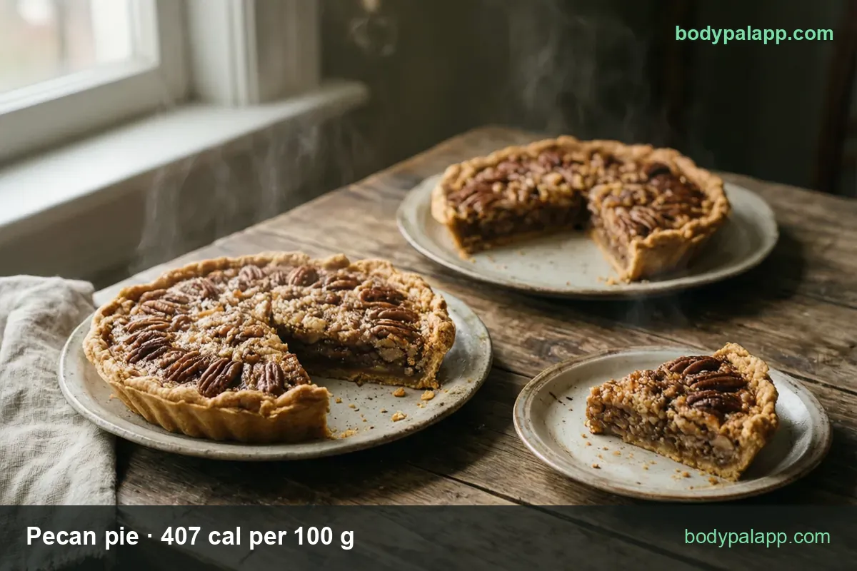 Whole pecan pie with a slice cut out and a slice on a small plate; chips show 1 slice (133 g) 541 cal, 1 oz 115 cal.