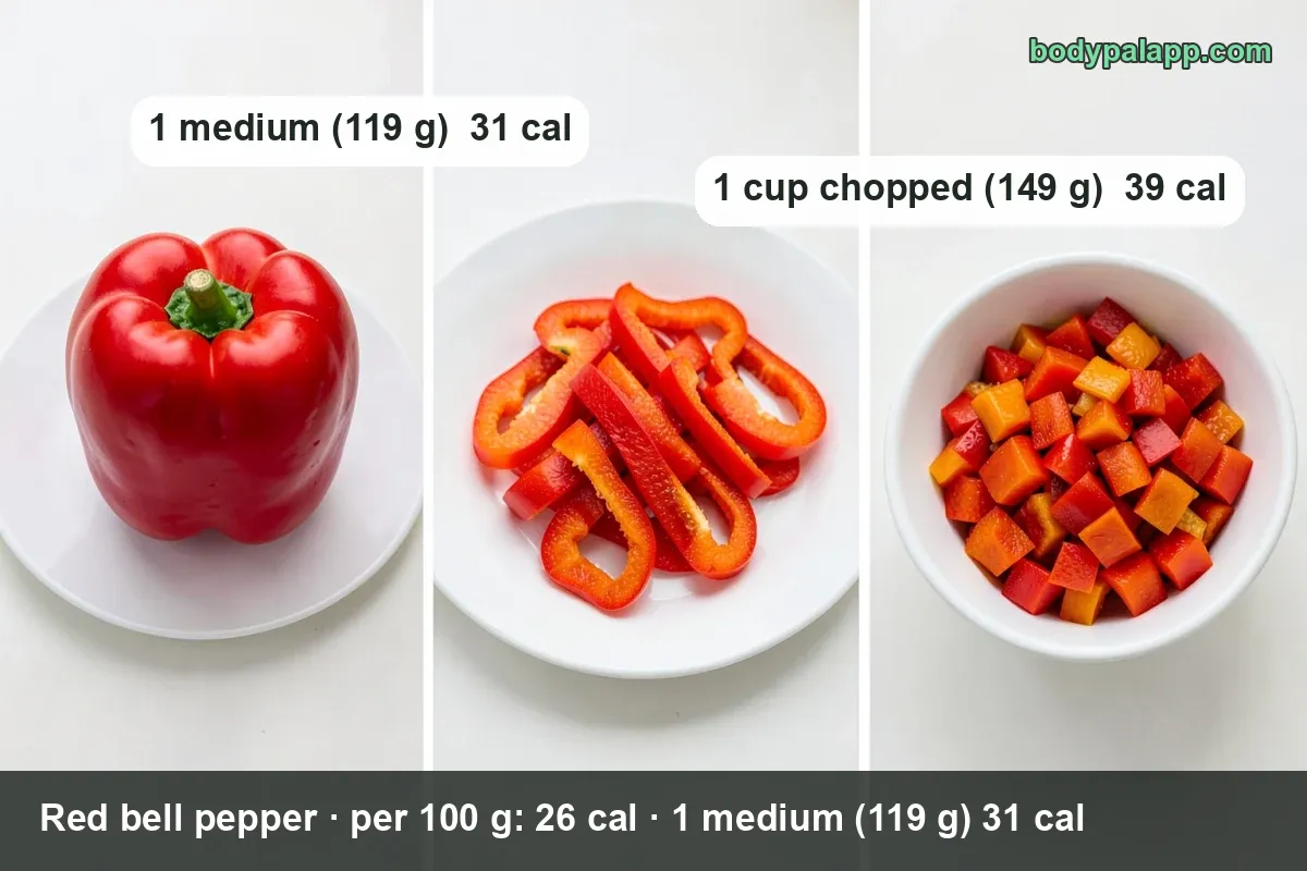 Four peppers with 1 medium (119 g) 31 cal and 1 cup chopped (149 g) 39 cal chips: whole red, halved yellow, green, roasted pieces