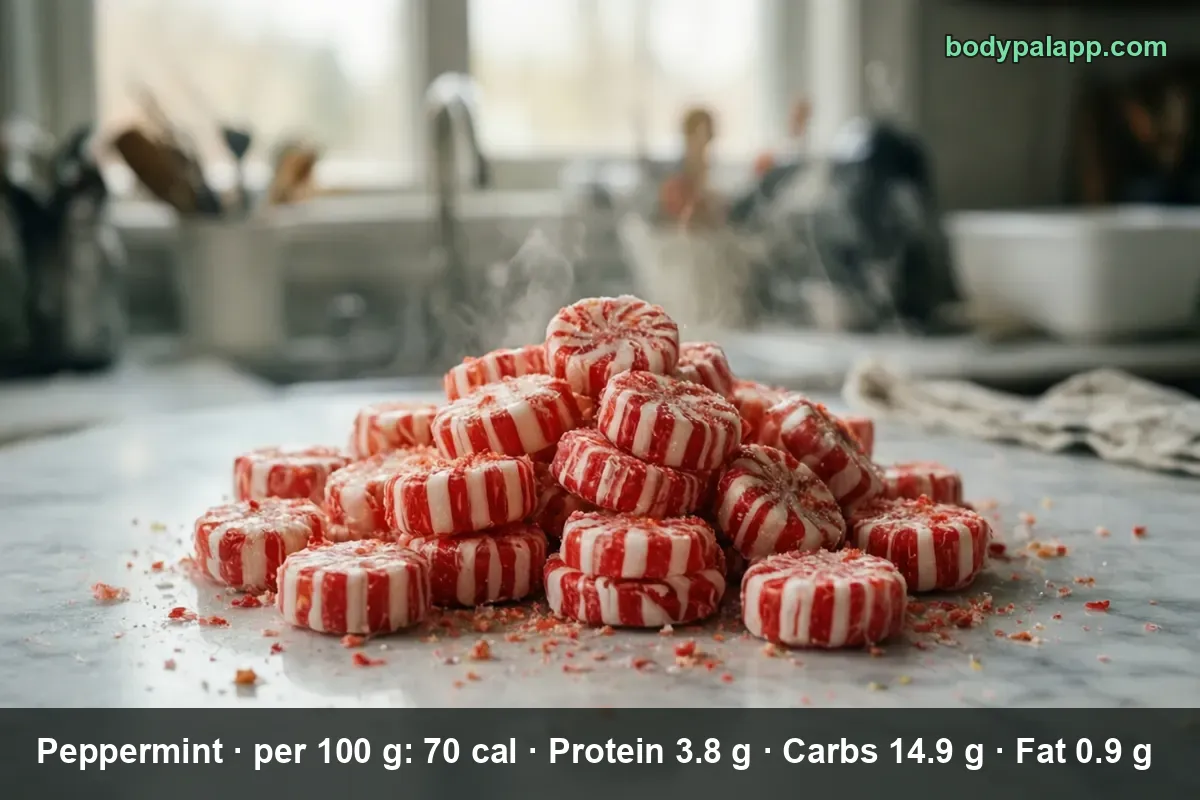 Pile of red and white peppermint candies with crumbs on a marble surface