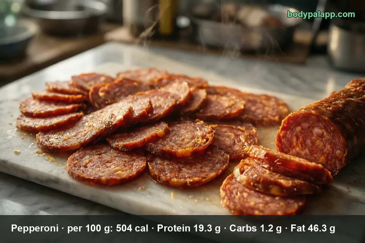 About 20 pepperoni slices beside a whole pepperoni sausage with a fresh cut face, steaming on a marble board.