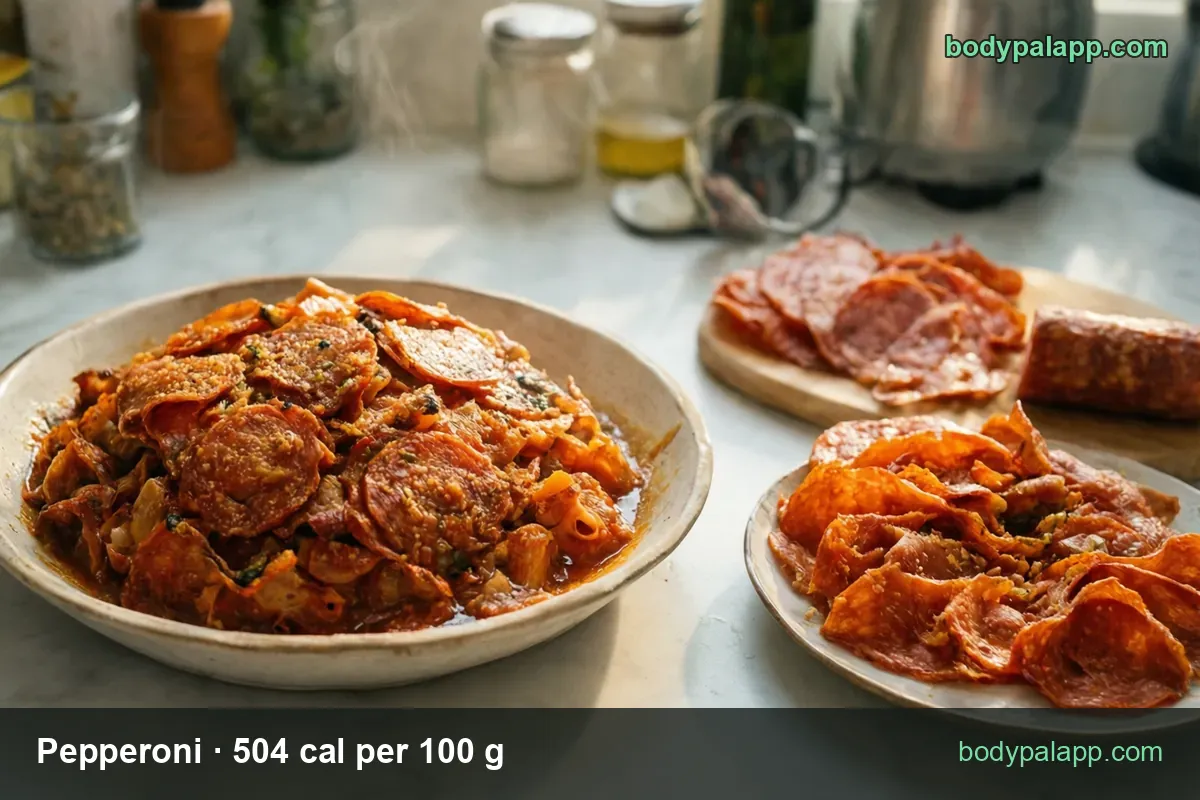 Three pepperoni servings: a bowl in tomato sauce, a board with 8 slices (16 g) 81 cal, a plate of crisped slices, 1 oz (28 g) 141 cal.
