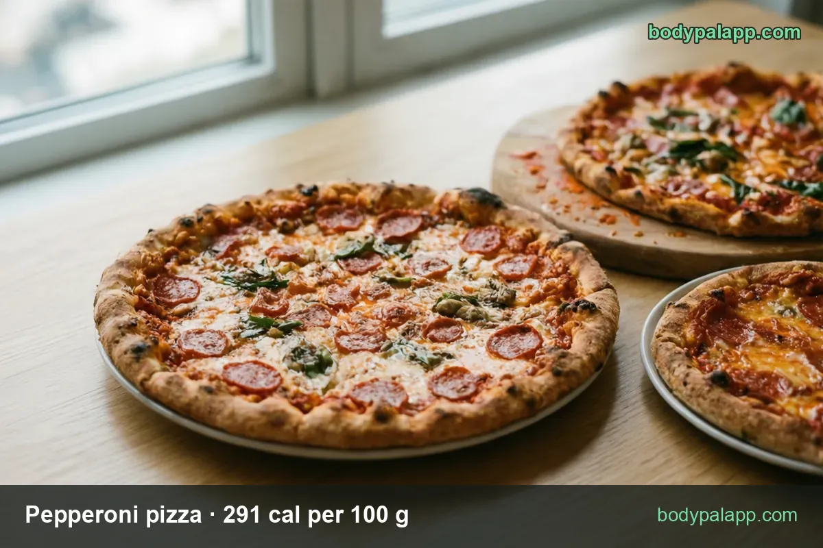 Three pepperoni pizzas: one with basil on a plate, one on a wooden board, one partial pizza; 1 slice 110 g 320 cal, 2 slices 220 g 640 cal