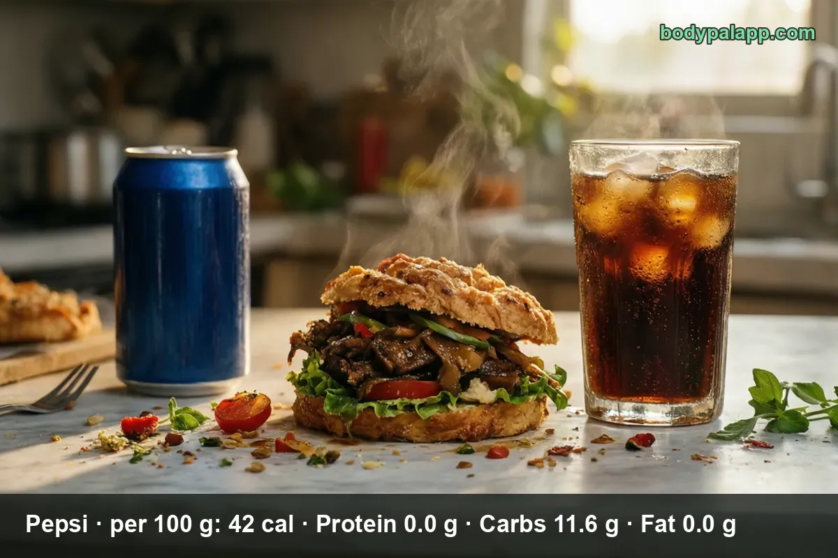 Blue soda can with no logo and a glass of cola with ice next to a large hot meat and vegetable sandwich