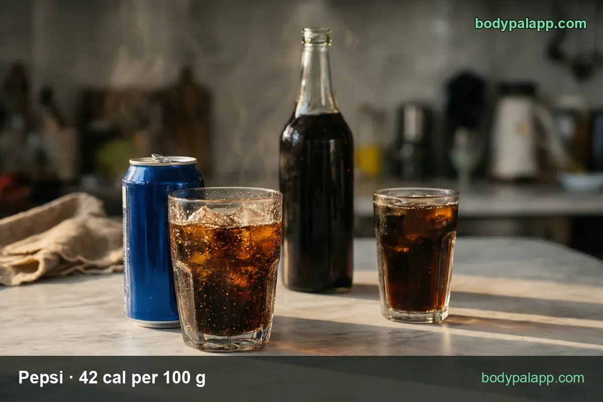 Blue can, unlabeled glass cola bottle and two glasses of cola with ice: 1 can (12 fl oz) 149 cal, 8 fl oz glass 101 cal