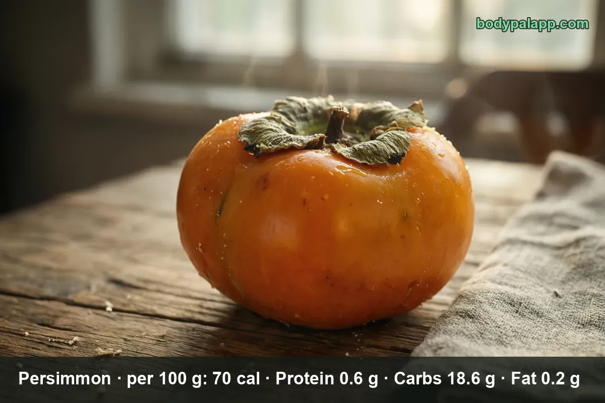 One whole orange persimmon beside a steaming cup on a wooden table