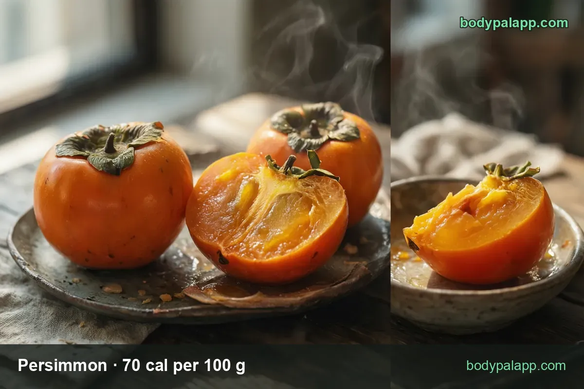 Plate with two whole persimmons and one halved, and a bowl with half a persimmon: 1 medium (168 g) 118 cal, 1/2 fruit (84 g) 59 cal