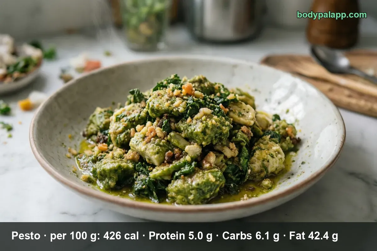 Deep bowl of chicken and gnocchi pieces in thick green pesto with curly kale and crumbs.