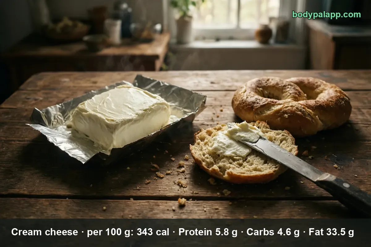 Block of cream cheese in plain foil beside a bagel half spread with cream cheese, a knife and a whole bagel.