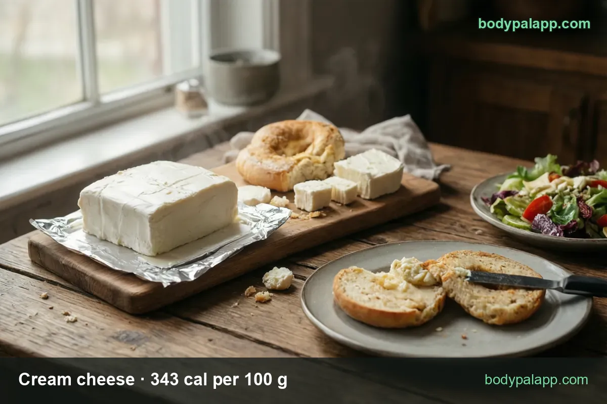 Cream cheese block on foil on a wooden board with cut cubes, spread bagel halves and a knife; 2 tbsp 103 cal, 1 tbsp 51 cal.