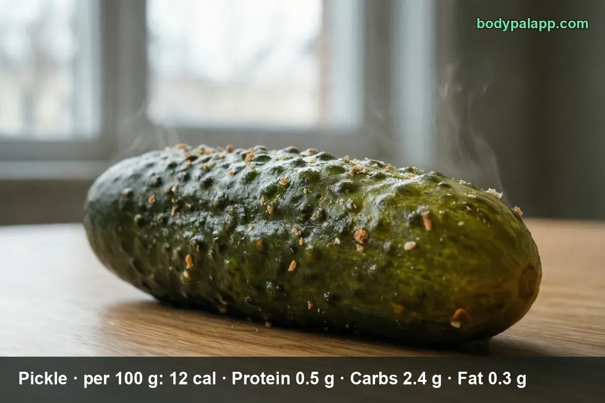 Close-up of a whole dill pickle topped with spices, warm steam rising above it