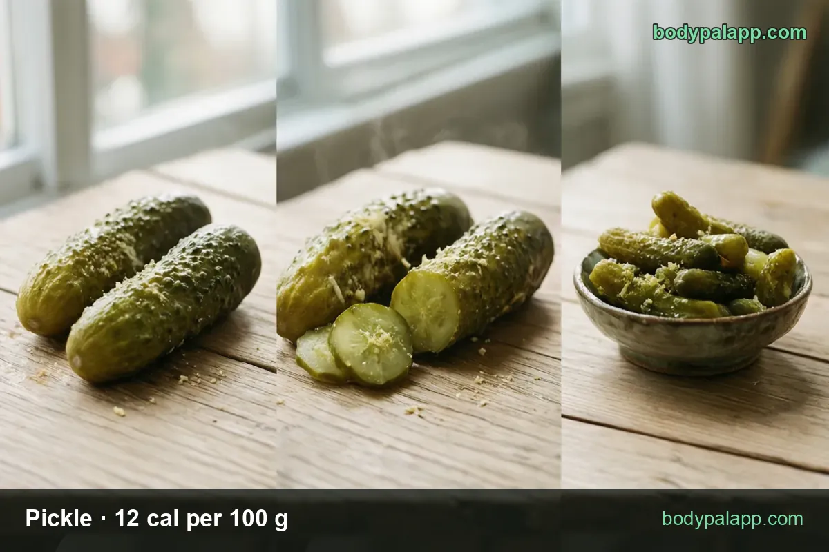 Whole pickles on a board, a pickle with three round slices and a bowl of small gherkins; 1 large pickle (135 g) 16 cal, 1 cup sliced (155 g) 19 cal