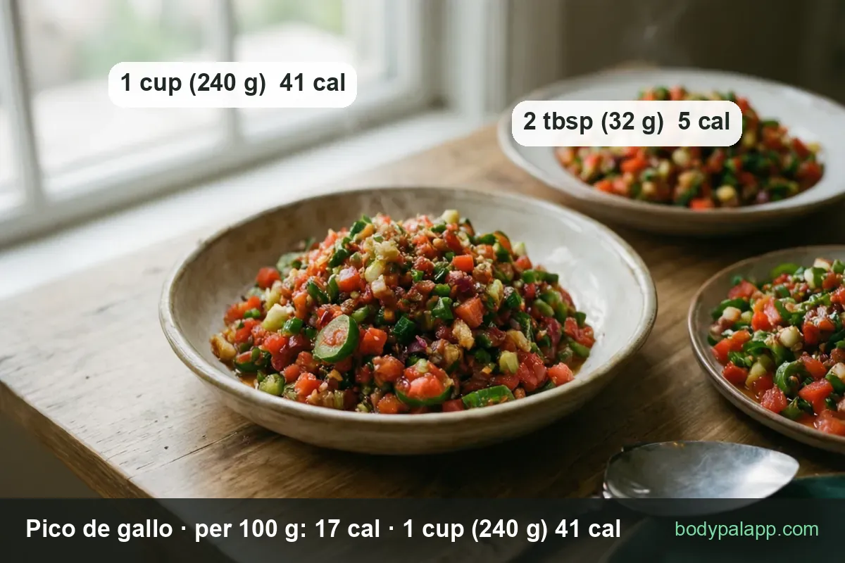 Three ceramic bowls of chopped tomato and onion pico de gallo with a metal spoon; 1 cup (240 g) 41 cal, 2 tbsp (32 g) 5 cal
