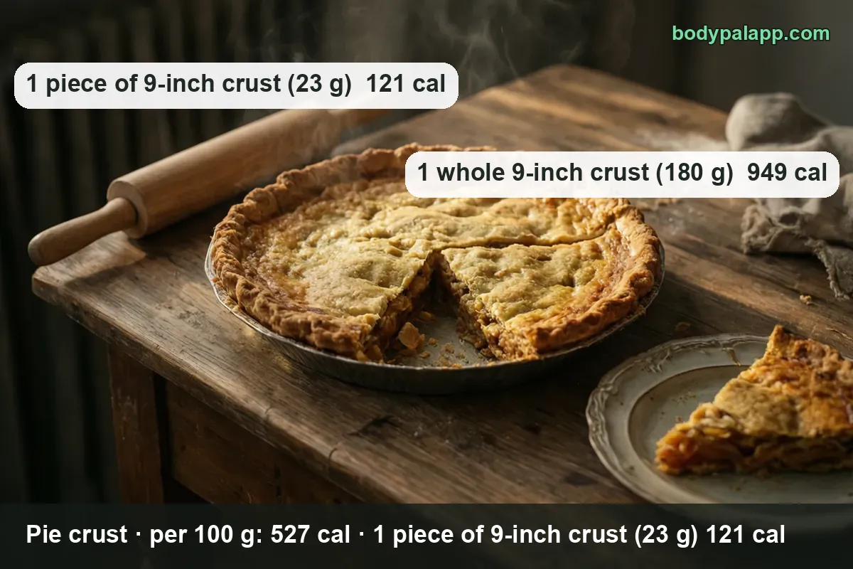 Baked savory pie in a metal tin, one slice on a plate, rolling pin and flour; 1 piece (23 g) 121 cal, whole 9-inch crust (180 g) 949 cal