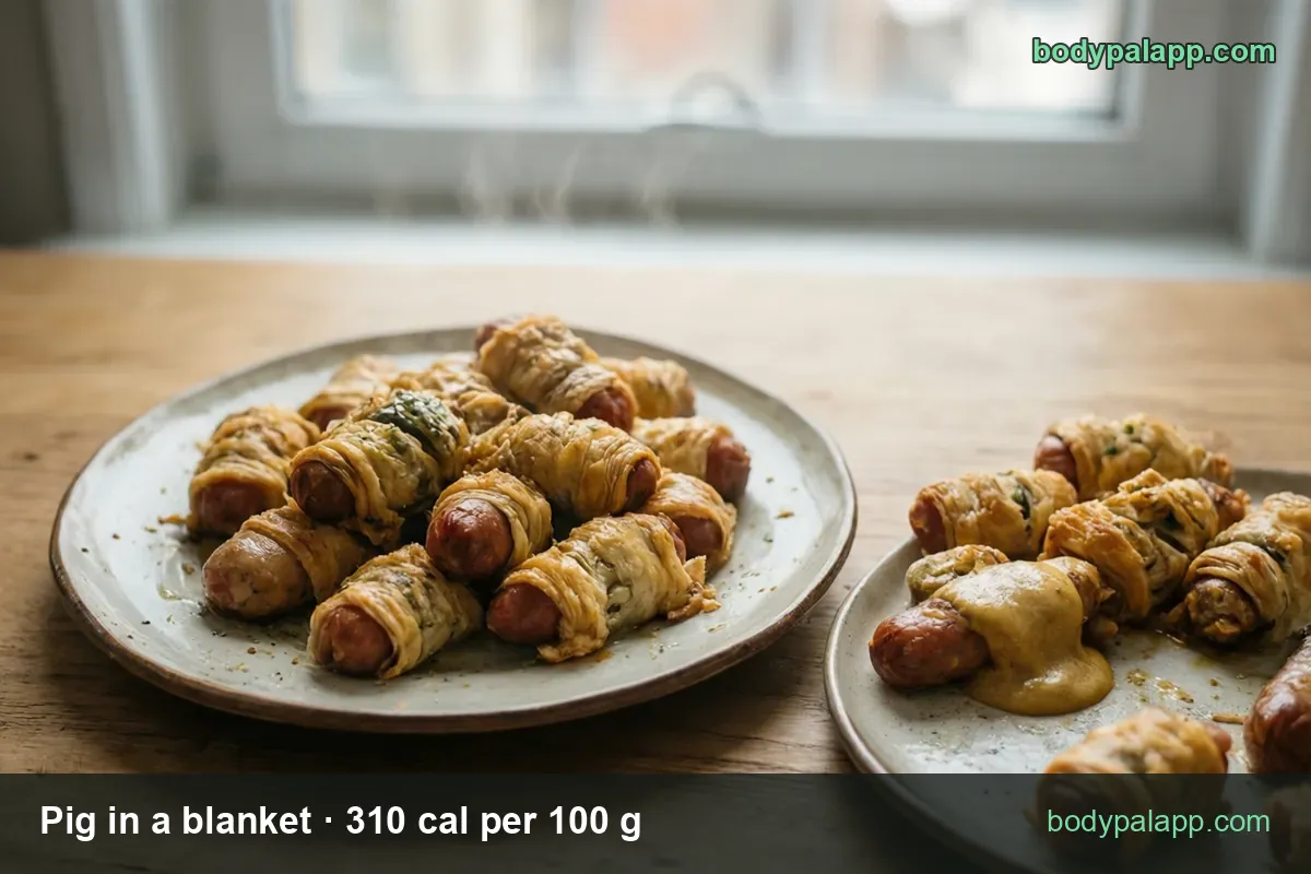 Platter of about ten mini pigs in a blanket and a small plate of three with mustard; 1 piece (85 g) 264 cal, cocktail (20 g) 62 cal