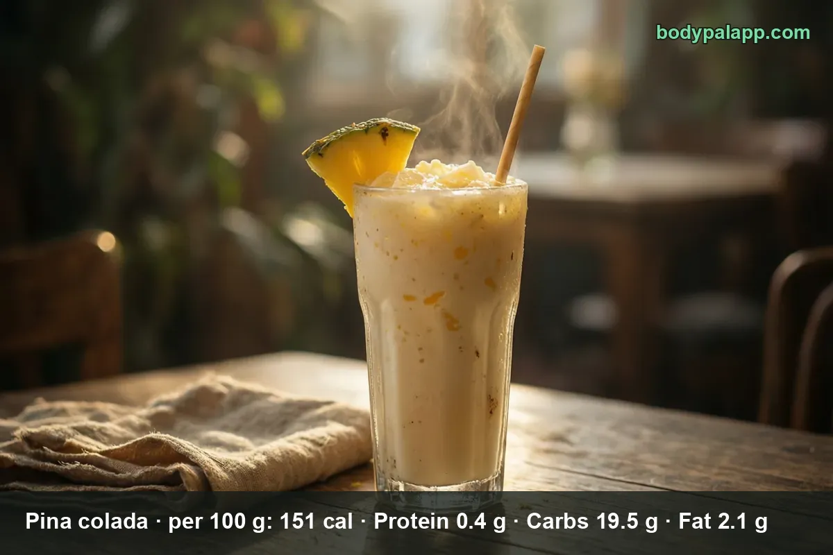 Tall glass of creamy pina colada with a pineapple slice and a straw, steam rising above the drink