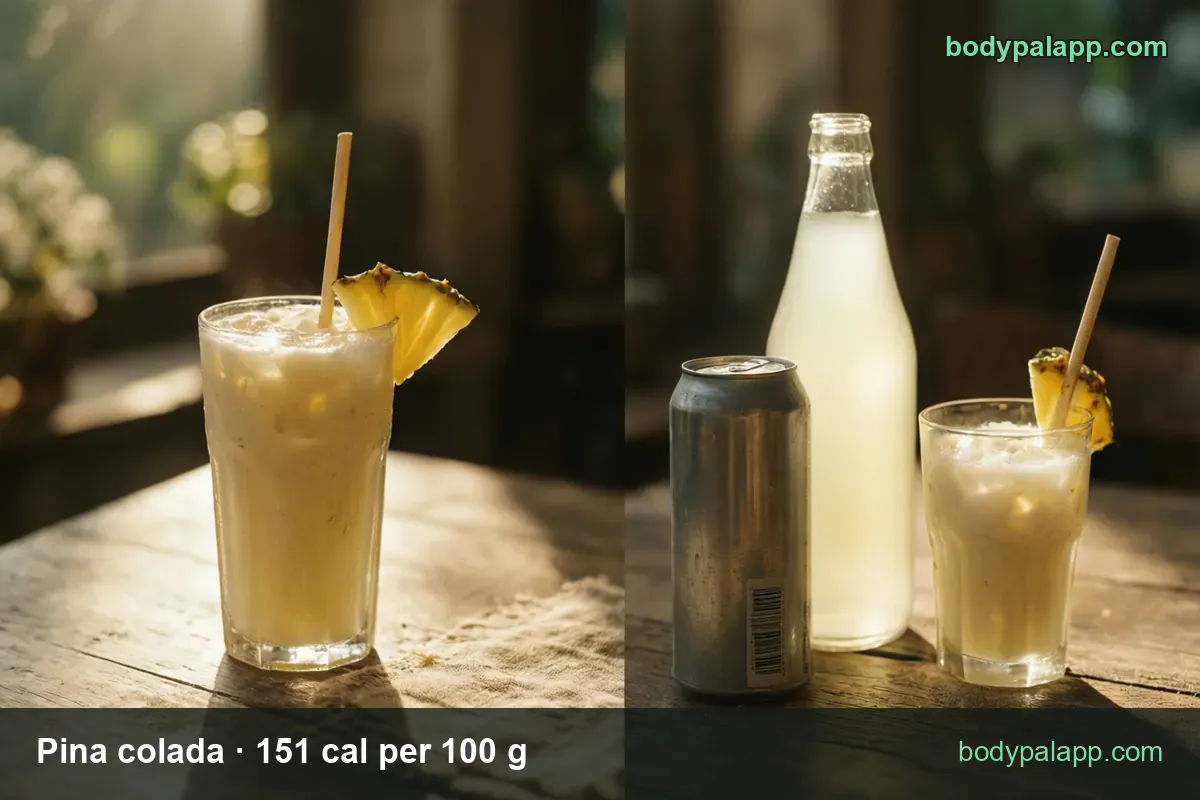 Pina colada glass with straw and pineapple; plain can, bottle, small glass. Chips: 1 drink 225 g 340 cal; 4 fl oz 120 g 181 cal