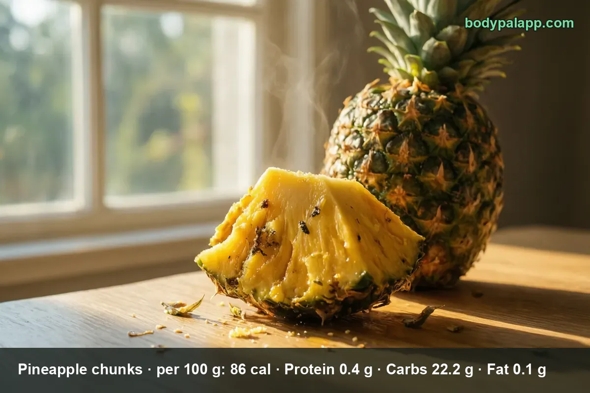 Large quarter wedge of fresh pineapple next to a whole pineapple