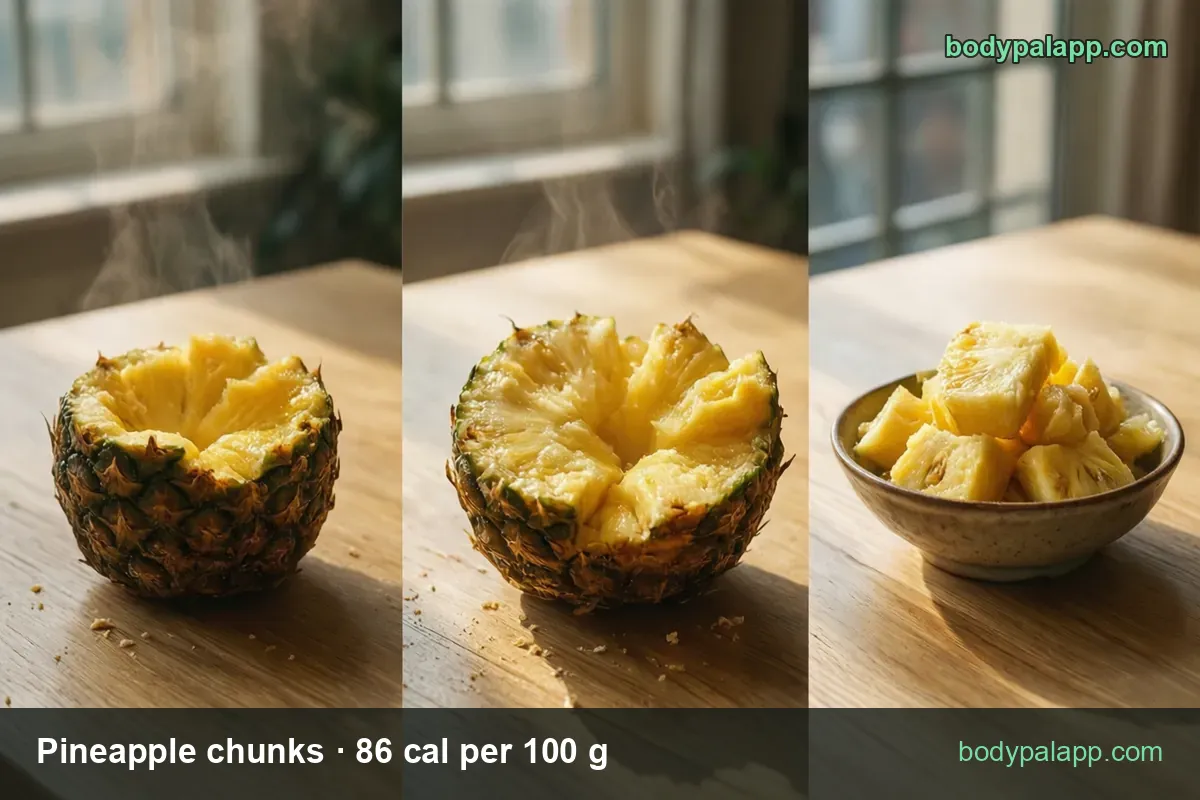 Bowl of about eight pineapple chunks beside a halved pineapple showing the core; 1 cup (245 g) 211 cal, 1/2 cup (122.5 g) 105 cal