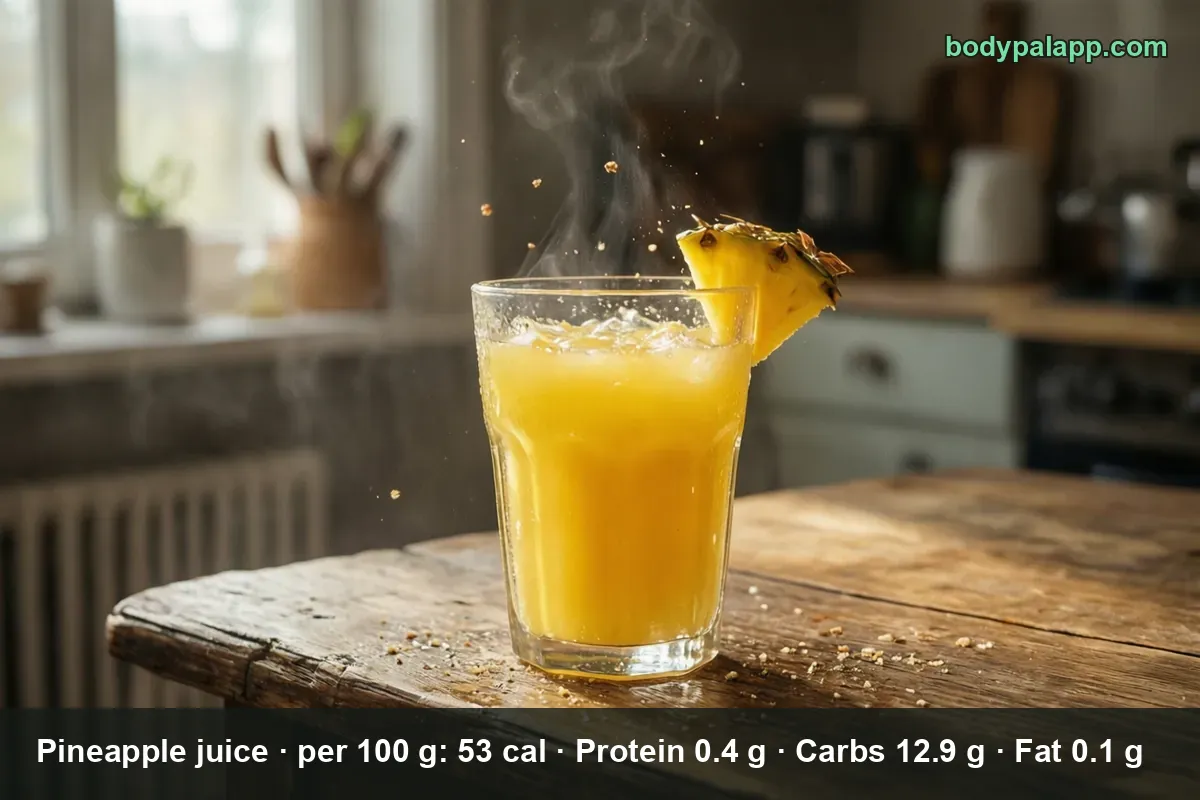 A tall glass of pineapple juice over ice with a pineapple wedge on the rim.