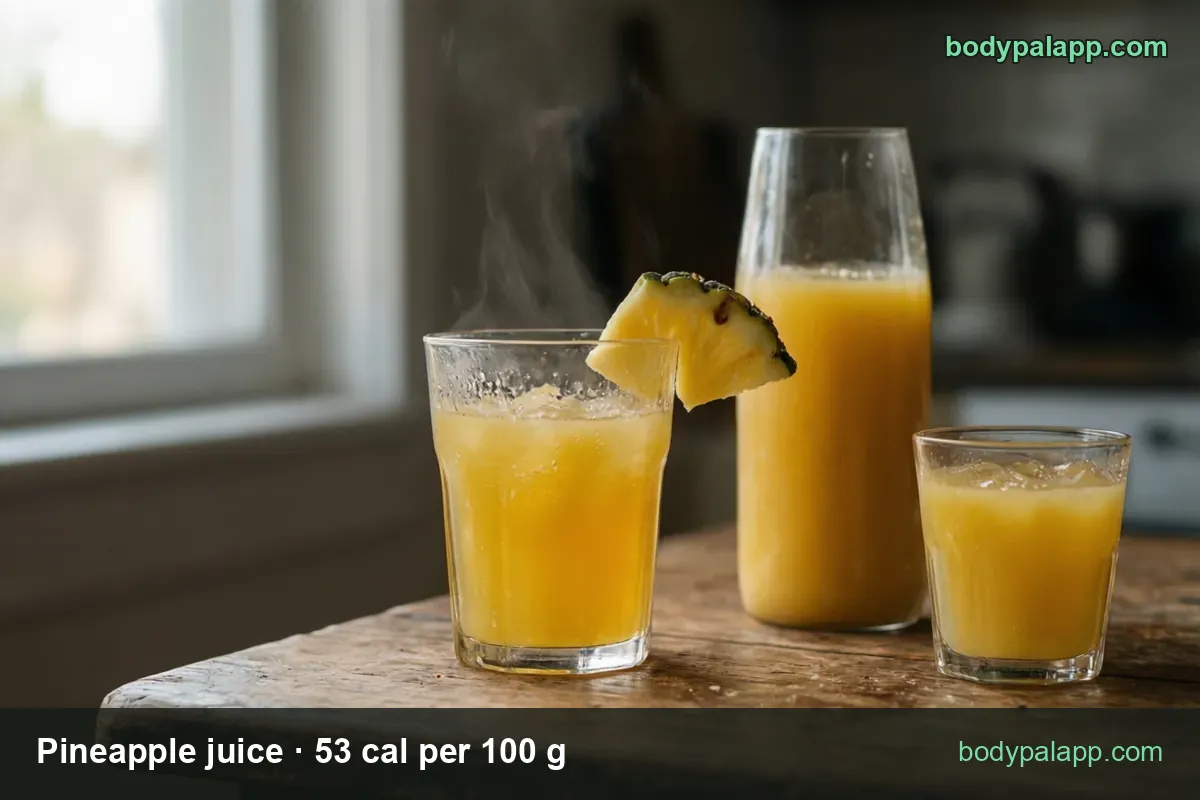 Pineapple juice over ice, a glass bottle and a small glass: 1 cup (250 g) 133 cal and 1/2 cup (125 g) 66 cal.